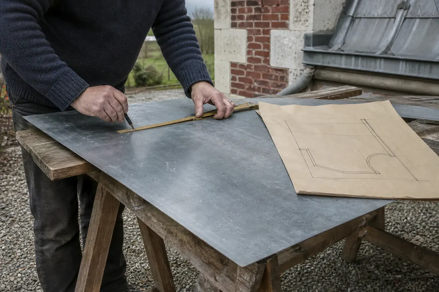 Rouleau de zinc et tronçon de chéneau façonné posés côte à côte dans un atelier