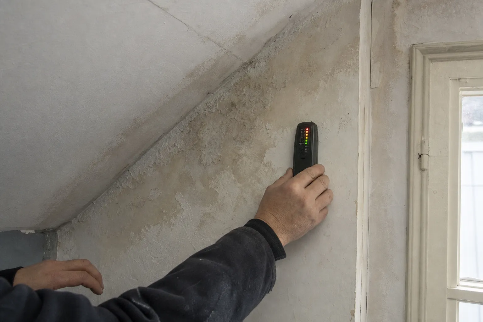 Contrôle d’une trace d’humidité en haut d’un mur, sous la pente du comble