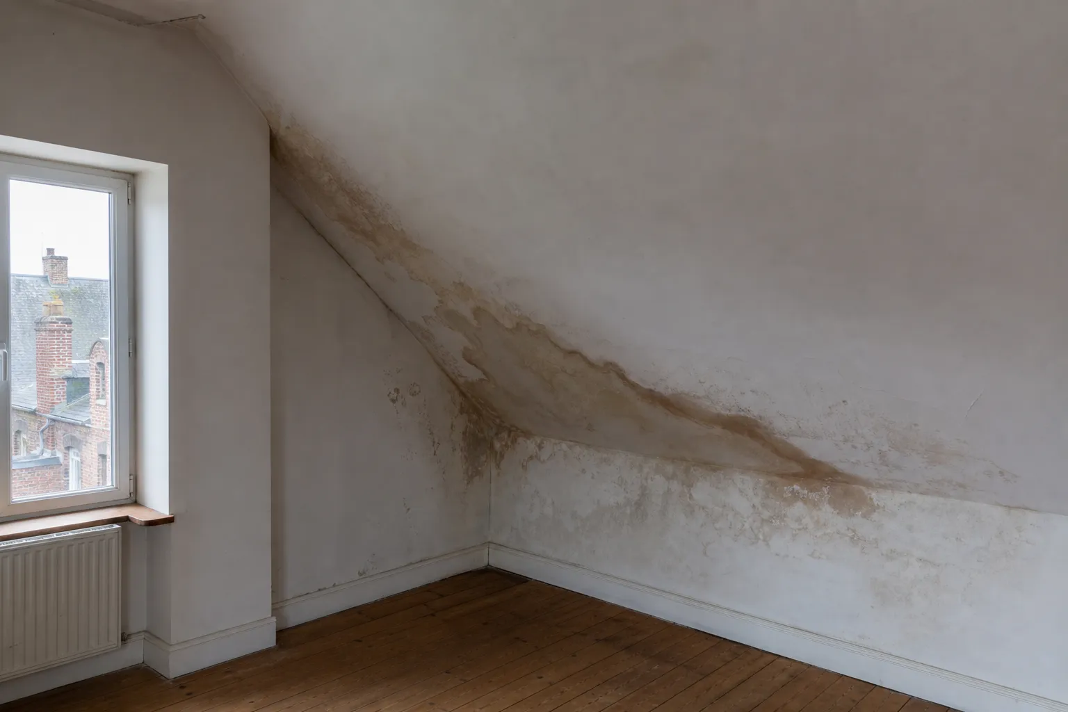 Auréole d’humidité brunie au plafond d’une pièce à l’étage, sous la pente du toit