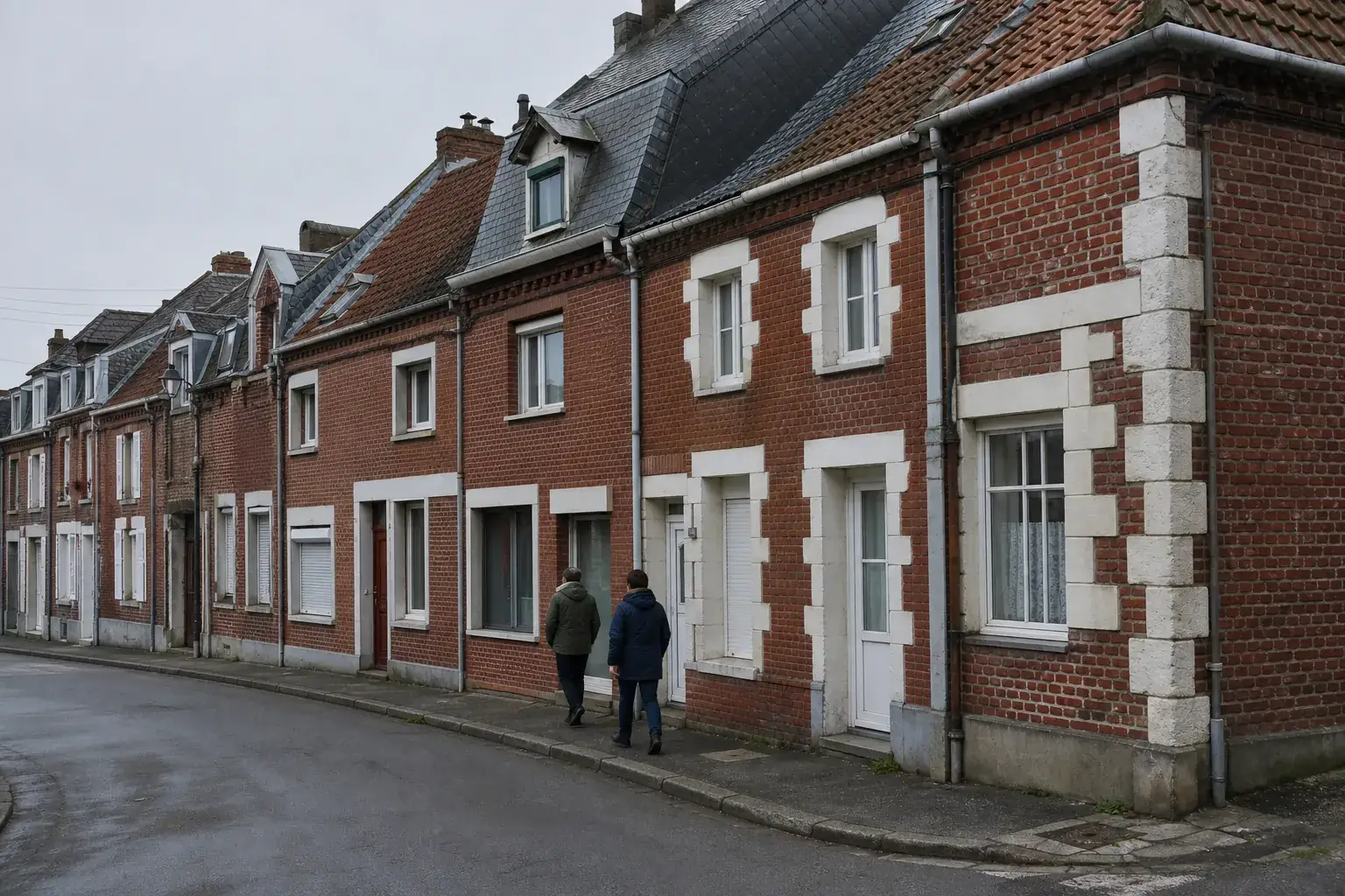 Toit lillois vu de près : forte pente en ardoise, lucarne et pignon de brique rouge