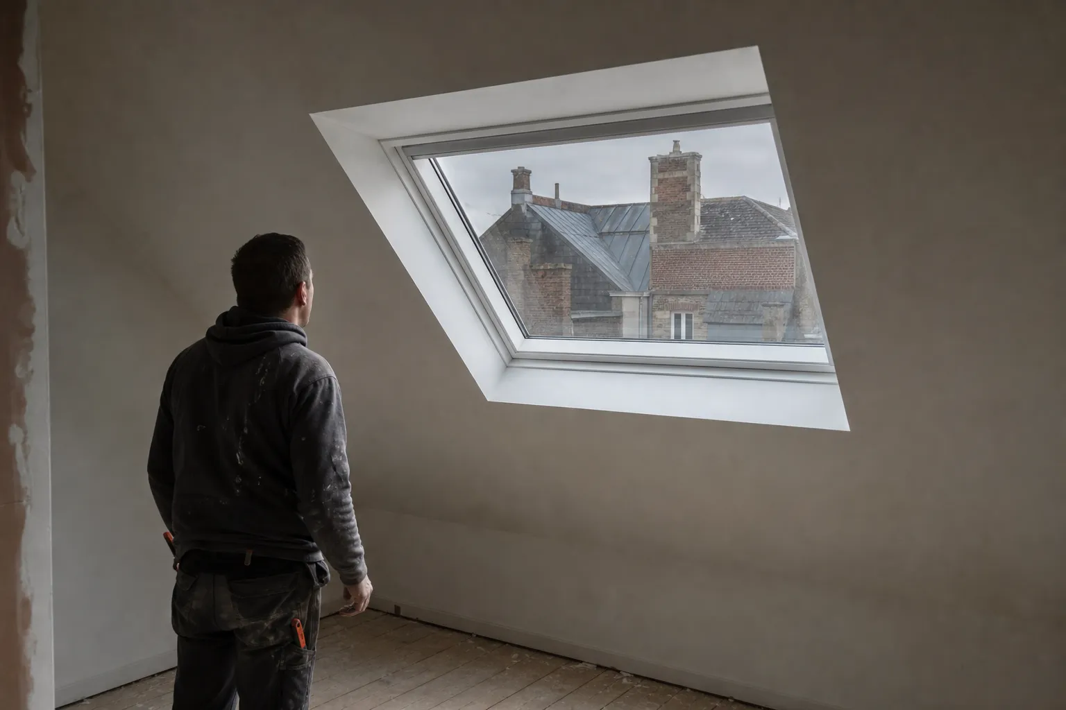 Fenêtre de toit vue de l’intérieur d’un comble aménagé, lumière du Nord entrant par l’ouverture